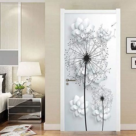 Autocollant 3D Porte Poster Fleurs Blanches Créatif Papier Peint Porte Trompe-l'œil pour Chambre Salon Décoration Maison 77x200 cm (1/5)