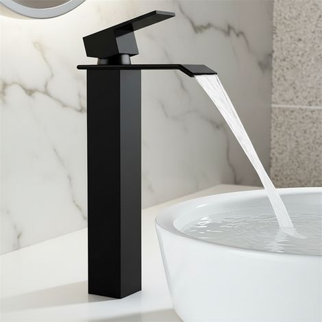 Schwarzer Edelstahl-Wasserfall-Waschtischmischer, hoher Auslauf, quadratischer Griff, Warm- und Kaltwasserhahn.