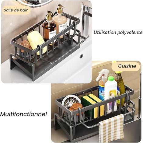 Kitchen Storage and Organization, Sink Organizer with Automatic Drainage Tray for Sponge Holder, Towel Holder, Grey. (1/4)