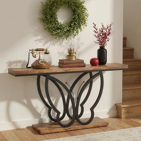 Konsolentisch, 140 x 30 x 80 cm, Schmetterlings-Konsolentisch aus Holz und Metall, für Eingangsbereich, Flur, Wohnzimmer, Foyer, Braun und Schwarz