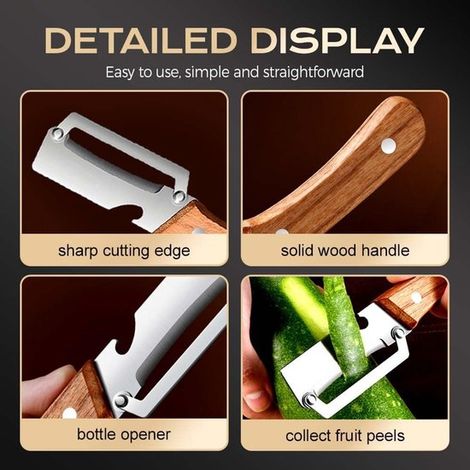 Pelador 2 en 1 de 2 piezas，Con abridor de botellas y mango de madera，Pelador de verduras multifuncional，Pelador de patatas，Acero inoxidable (1/4)