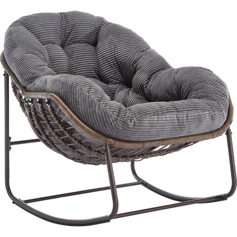 Balancelle rotin rembourrée avec dossier, fauteuil à bascule extérieur pour terrasse, jardin, salon ou entrée.