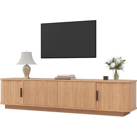 Meuble TV bas arrondi, portes coulissantes rainurées et LED, tiroirs ondulés (1/5)