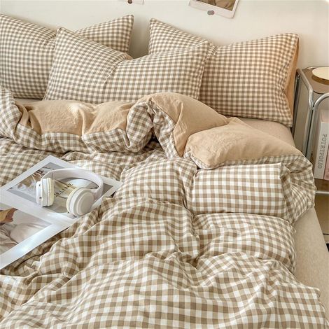 Housse de Couette Carreaux Vichy 200x200 Beige Marron - Parure de Lit Adulte 2 Personnes en Microfibre - Linge de Lit à Carreaux Réversible avec 2 Taies d'oreiller 65x65 cm