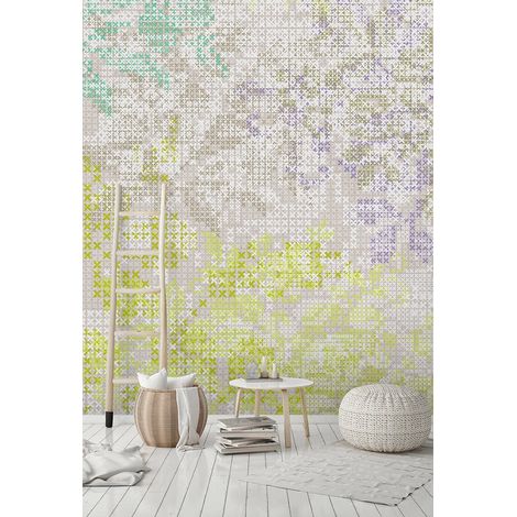 Papier peint panoramique vert et blanc à motifs croix | Tapisserie panoramique couloir et salon | Papier peint panoramique vintage et original - 270 x 400 cm (4 pièces) (1/5)