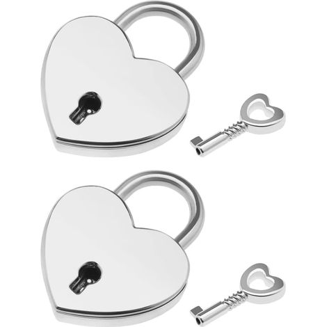 Lot de 2 mini cadenas en forme de cœur argentés avec 2 clés - Jolis cadenas en métal pour agenda, boîte à bijoux, tiroir d'armoire (1/5)