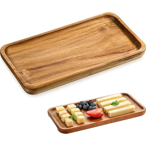 Plateau de Service en Bois Massif d Acacia Naturel, Plateau de Cuisine Compact avec Bords surélevés, Assiette Polyvalente pour Sushi, Fruits, apéritifs, thé et Organisation Quotidienne à la maison (1/5)