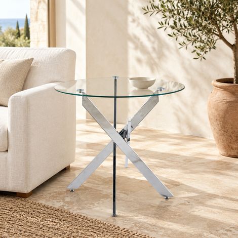 Tavolo da pranzo rotondo 80 x 80 x 75 cm in vetro temperato e metallo argentato DESVIAE (1/5)