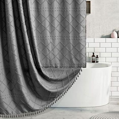 Woven shower curtain, 183 x 183 cm, tufted chevron pattern, shabby chic style, textured, modern and minimalist, water-repellent, for bathroom and hotel decoration, grey