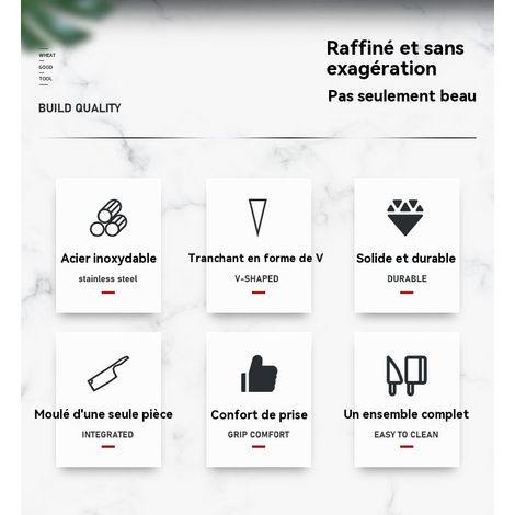 Set de couteaux de cuisine en acier inoxydable : couteau chef, éminceur, couteau à fruits, manche creux (1/3)