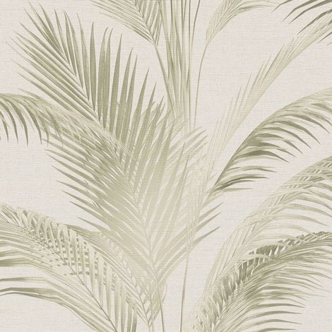 Papier peint nature Profhome 399802 papier peint intissé gaufré à chaud légèrement texturé avec des palmiers subtilement chatoyant crème blanc-perlé vert herbe vert clair 5,33 m2