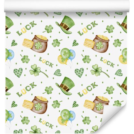 Papel pintado blanco y verde lima para el Día de San Patricio, ideal para salón y dormitorio (50x1000 mm). (1/5)