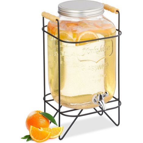 Relaxdays Dispenser in Vetro per Bevande, Erogatore 8 L Rubinetto, Coperchio e Supporto, Distribuitore Acqua e Limonata