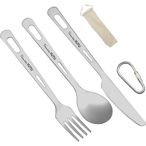 Juego de cubiertos de titanio de 3 piezas, cuchara ligera y cortador de cuchara, con mosquetón y bolsa con cordón para acampar, hacer senderismo, picnics y otras actividades al aire libre. (1/5)