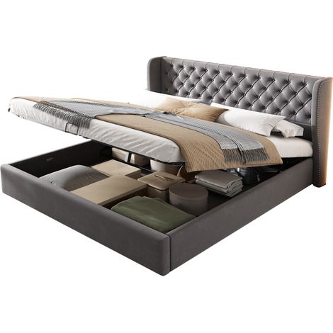 Letto Contenitore Letto Matrimoniale 160×200 cm con Vano Idraulico e Testiera Alta, senza Materasso, Velluto Grigio (1/5)