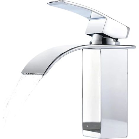 Robinet mitigeur de salle de bain monocommande avec bec cascade, finition chromée courte, corps en laiton et cartouche en céramique.