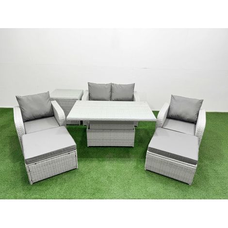 Fimous Light Grey PE Wicker Rattan Garden Furniture Set Sofa Set Reclining Chair Adjustable Lifting Dining or Coffee Table 6 Seater 2 Big Stools Side Table (1/5)