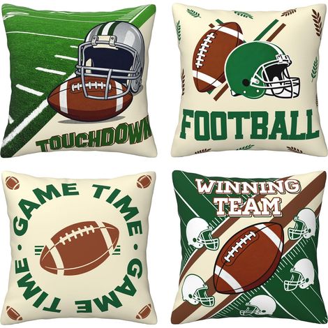 Fundas de cojín de fútbol americano, juego de 4 (45x45 cm), estampado de fútbol americano, para sofá (verde) (1/5)