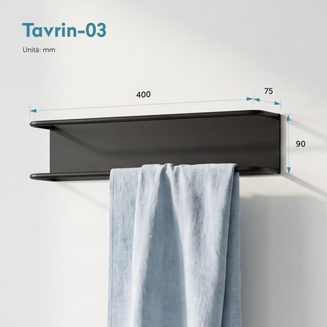 doporro 40cm Porta Asciugamani da Parete Adesivo, Portasciugamani in Metallo Impermeabile, Installazione orizzontale o verticale, Porta Salviette per Bagno, Cucina, Nero Opaco, Tavrin-03