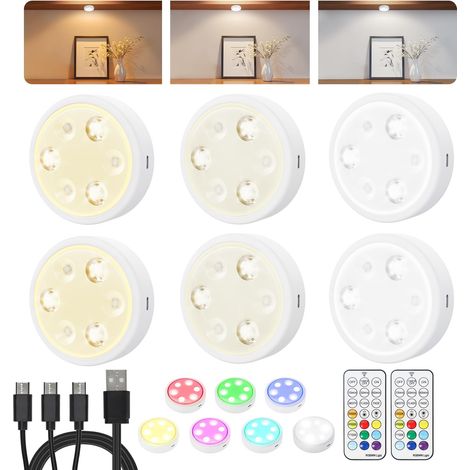Lampe LED Rechargeable Cuisine Sans Fil Lumiere Sous Meuble Placard Eclairage Spot Led avec Telecommande, 3 Températures de Couleur et 7 RGB Color Magnétique Dimmable éclairage Spécial Lumière (1/5)