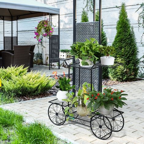 Porte-plantes en métal à 6 niveaux avec finition anti-rouille et forme de chariot, pour jardin, terrasse et balcon (1/5)