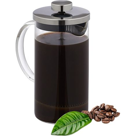 Cafetière Manuelle, Carafe à Piston, passoire intégrée, 600 ML, Verre et Acier Inoxydable, Transparent/argenté (1/5)