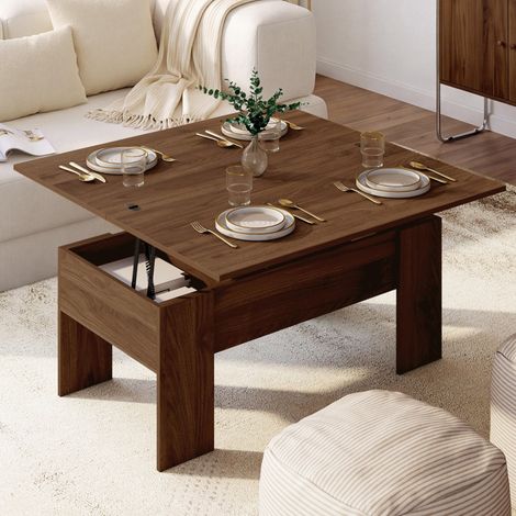 Mesa de centro rectangular elevable convertible en mesa de comedor de madera efecto nogal TARA 100 cm (1/5)