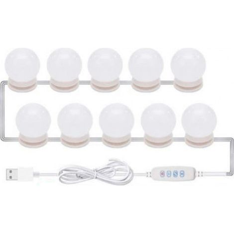 Kit 10 Ampoules LED Miroir,3 Modes Couleur,Luminosité Réglable,Câble 5,2m,Alimentation USB,Pour Salle de Bain,Vanity (1/5)