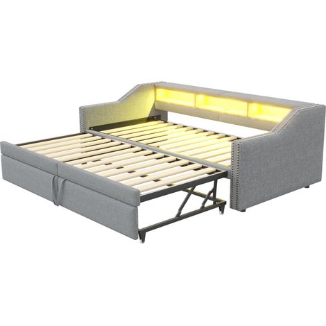 Divano letto estraibile imbottito 90/180 x 200 cm con LED USB e contenitore grigio chiaro (1/5)