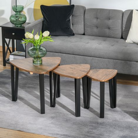 HOMCOM Ensemble de 3 Tables Basses gigognes encastrables Style Industriel piètements métal Noir en épingle Plateaux Aspect Bois de Noyer