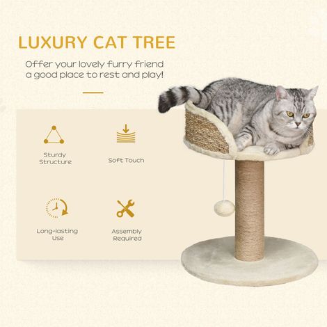 Arbre à chat beige pour petit chat (40 x 40 x 48 cm) avec griffoir, balle et perchoir - Meuble pour chat d'intérieur (1/5)