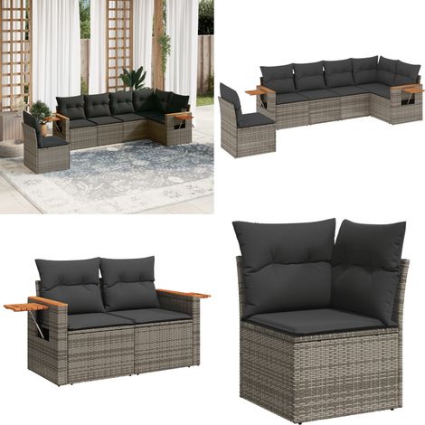 6-tlg. Garten-Sofagarnitur mit Kissen Grau Poly Rattan - Gartensorganisation - Outdoor Möbel - Gartenlounge - Lounge Set - Esszimmergarnitur Outdoor - Home & Living (1/5)