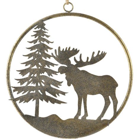Weihnachts-Fensteranhänger Tanne & Elch Altgold- und Goldfarben groß Ø 28 cm - Metall