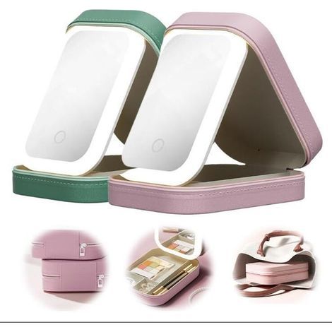 Miroir de maquillage réglable tricolore Led 2 pièces, miroir de maquillage Rechargeable avec lumière Led avec boîte de rangement, rose + vert (1/5)