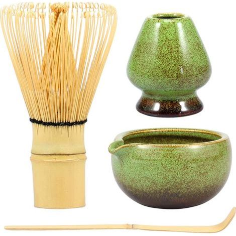 Service à thé 4 pièces, service à matcha avec bol en céramique multicolore, support et cuillère en bambou, ensemble décoratif (1/5)