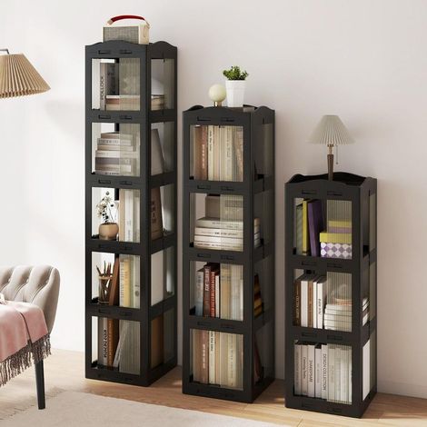 Gain de place et accès facile : bibliothèque rotative pliante avec base 360°, étagère de rangement 4 niveaux (1/5)