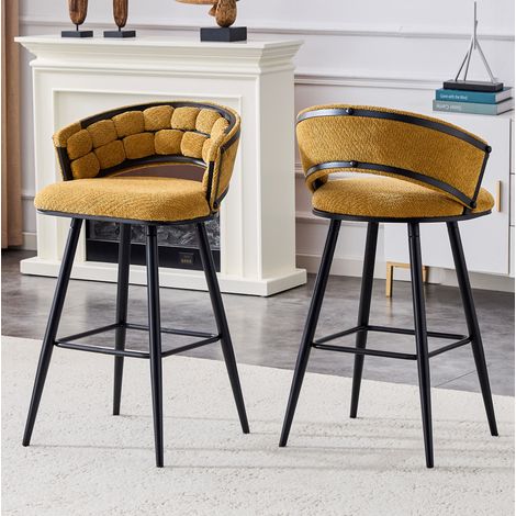 Tabouret de bar en velours noir et jaune avec structure en métal, dossier tressé, design moderne,56×50.5×98.5cm (1/5)