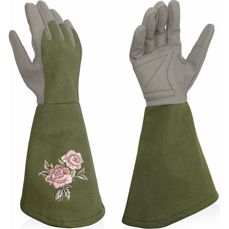 Women's Leather Gardening Gloves, Anti-Puncture with Long Sleeve, Elegant Ladies Garden Gloves with Exquisite Embroidery, Olive/Rose/Red/Blue/Green, Gardening Glove Size 6 7 8 9 (1/5)