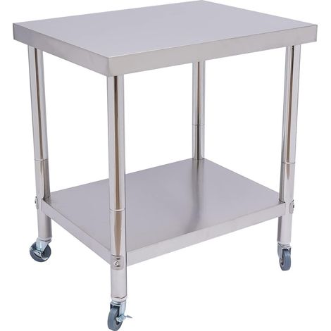 Banco da lavoro in acciaio inox, portata 300 kg, per la preparazione degli alimenti, con piedini, tavolo da lavoro commerciale (con ruote 76 x 60 x 85 cm)