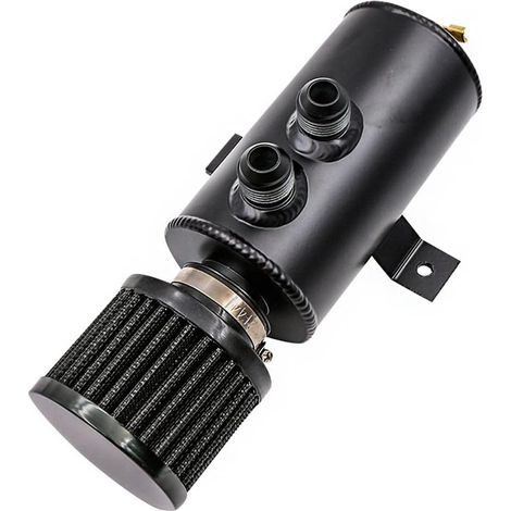 Recipiente colector de aceite universal de aluminio 10AN con válvula de drenaje cepillada de 2 puertos y filtro de ventilación, 750 ml, negro