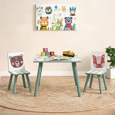 Ensemble table et chaises enfant vert en bois 60 x 60 x 44 cm (1/5)