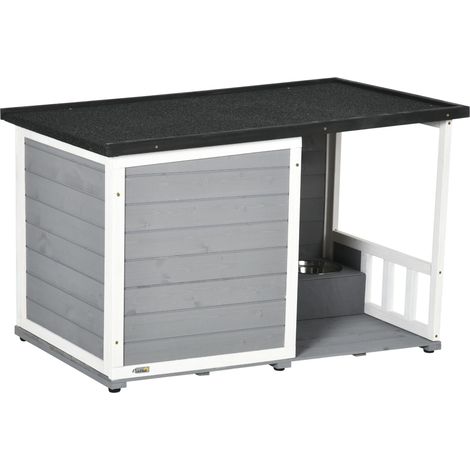 PawHut Hundehütte aus Massivholz, inklusive Futternäpfen, für Terrasse, wetterfest, 103 x 62 x 66 cm, grau und weiß