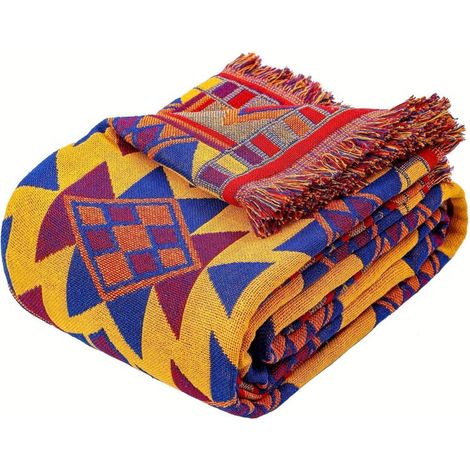 Couverture Réversible Bohème – Jacquard Doux avec Franges, Motif Géométrique Aztèque (1/5)