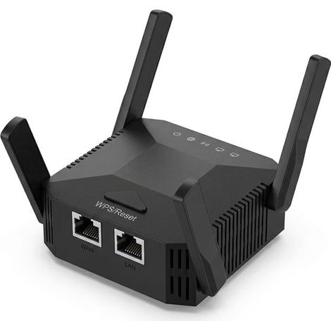Ripetitore/estensore Wi-Fi 1200 Mbit/s, dual-band 2.4/5 GHz con modalità ripetitore/router/AP, 4 antenne, porta LAN/WAN, spina europea (nero) (1/5)