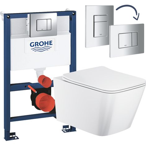 Gloss White Rimless Square Wall Hung Toilet with Grohe Rapid 0.82m Low Height Concealed Cistern Frame Set