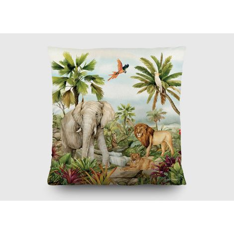 Coussin - Les animaux de la jungle elephant, lion, perroquet - en couleur - 40x40 cm (1/5)