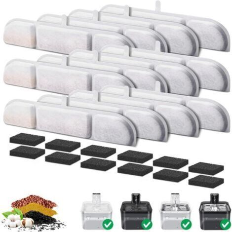 Filtre Fontaine Eau Chat,12 Set Filtres de Remplacement pour DownyPaws 2.5L Fontaine à Eau sans Fil, Avec 12 filtres pour fontaine à eau et 12 éponges pour pompe, Convient pour DPWFP6 (1/5)
