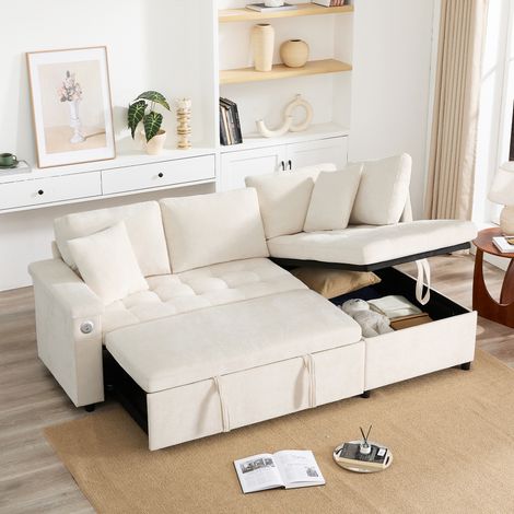 Divano trasformabile a 3 posti con contenitore, divano angolare, funzione letto, porta USB, 2 cuscini, mobili per soggiorno, ciniglia, beige (1/5)