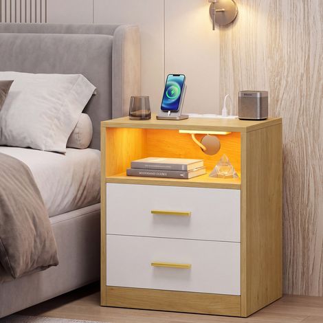 Table de Chevet avec Prise Intégrée et LED, 2 Tiroirs, 40,1 x 30 x 50,2 cm, Jaune (1/5)