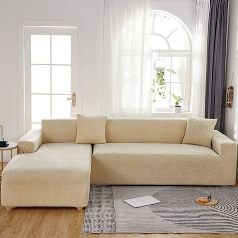 Housse de canapé imperméable - Motif jacquard beige à feuilles - Pour canapés 2 places (145-180 cm) (1/5)